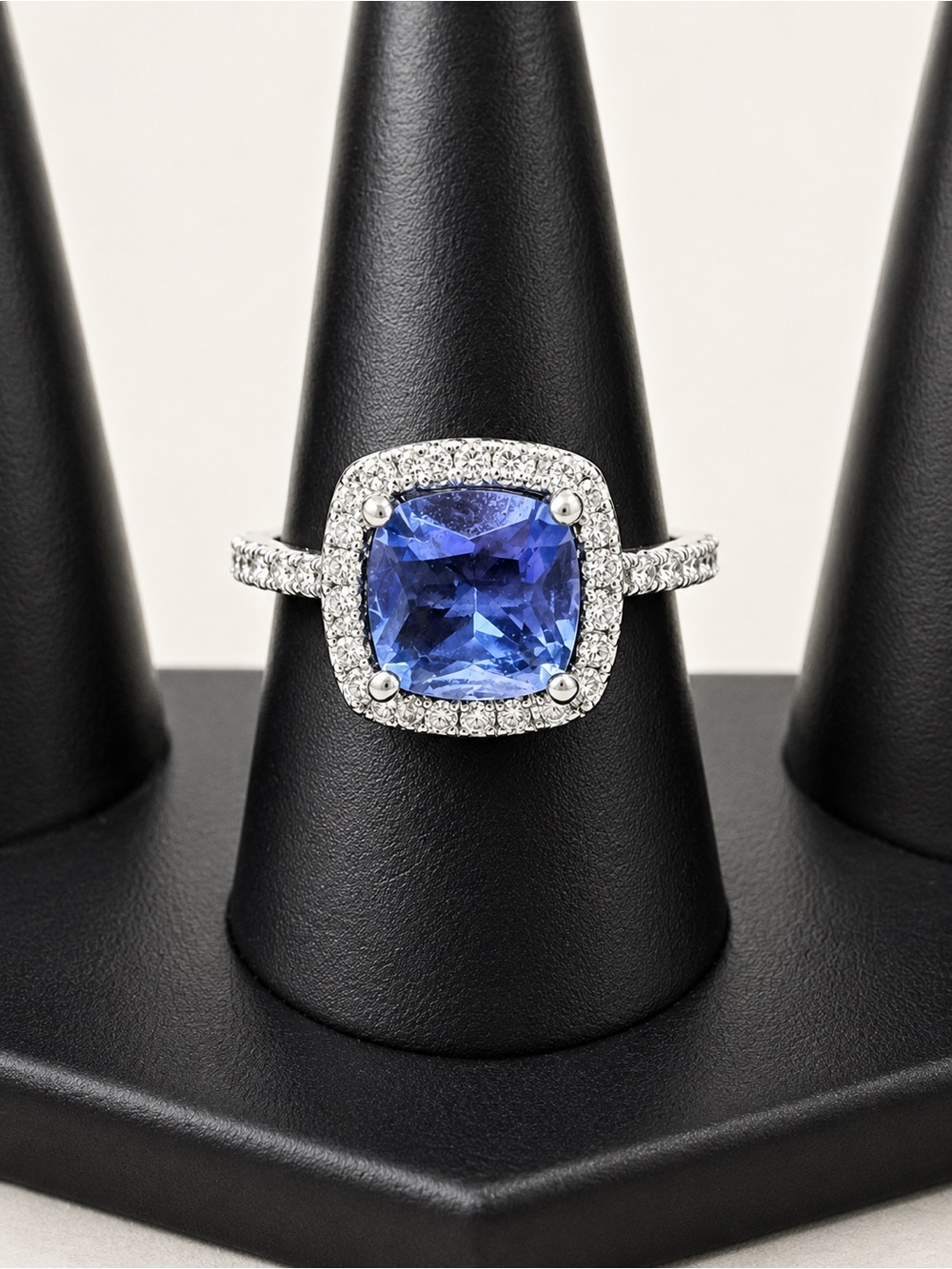 Pandora Blue Cushion Halo Ring with Pavé Band